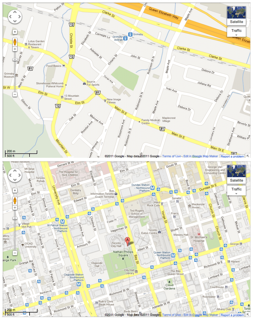 Two maps of Ontario locations. One of Grimsby, Ontario, and one of downtown Toronto