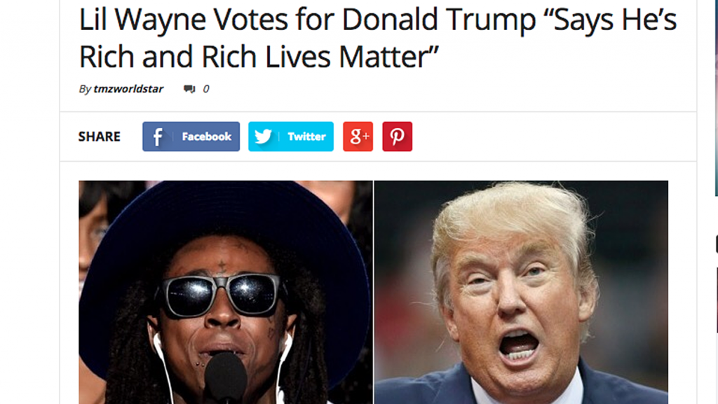 A screen shot of a fake Facebook news article.